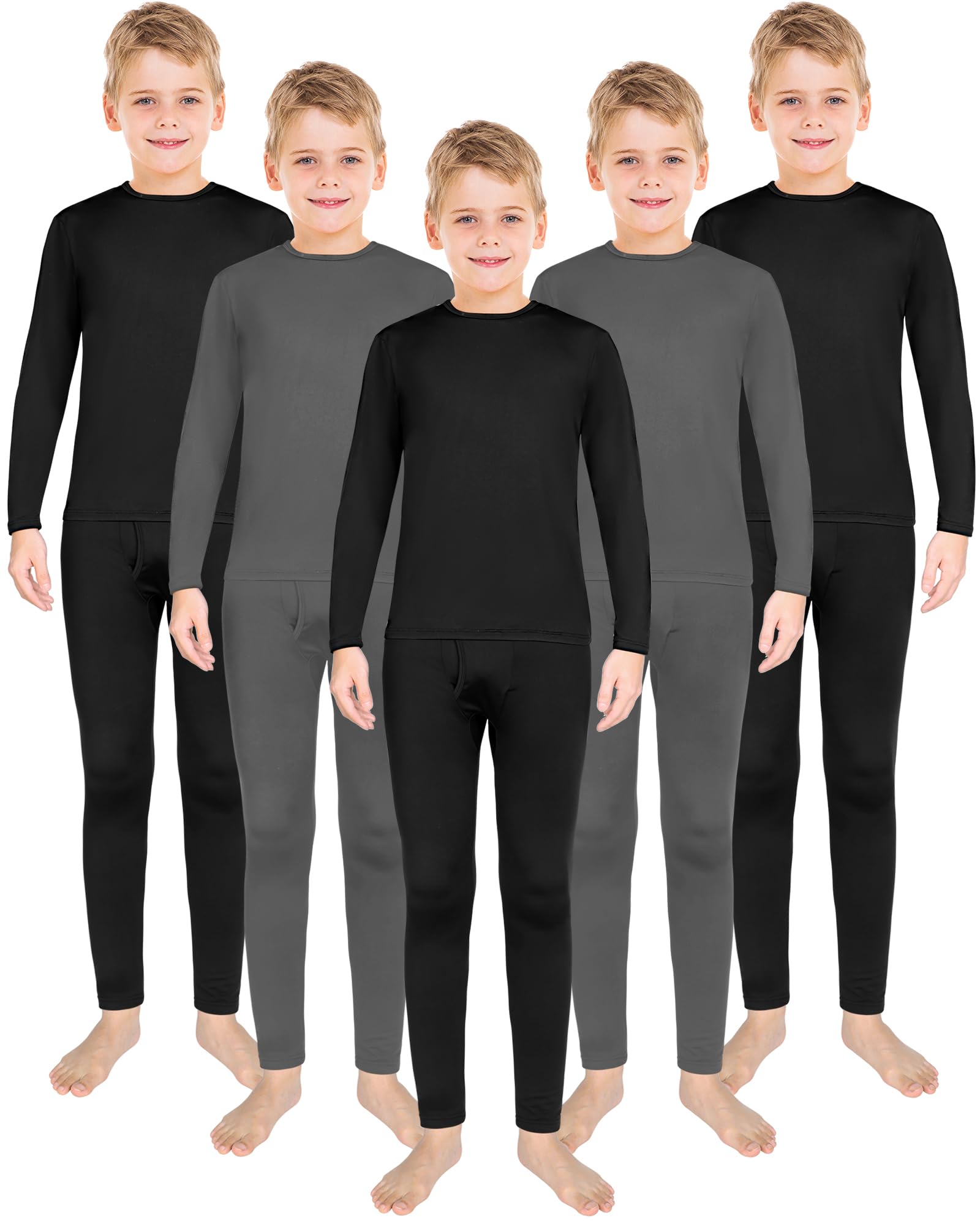 Silkfly 5 Set Boys Thermal Underwear Soft Fleece Lined Long Underwear Kids Base Layer Top Bottom Warm Set for Winter Skiing (Classic Black, Classic Gray, Medium)