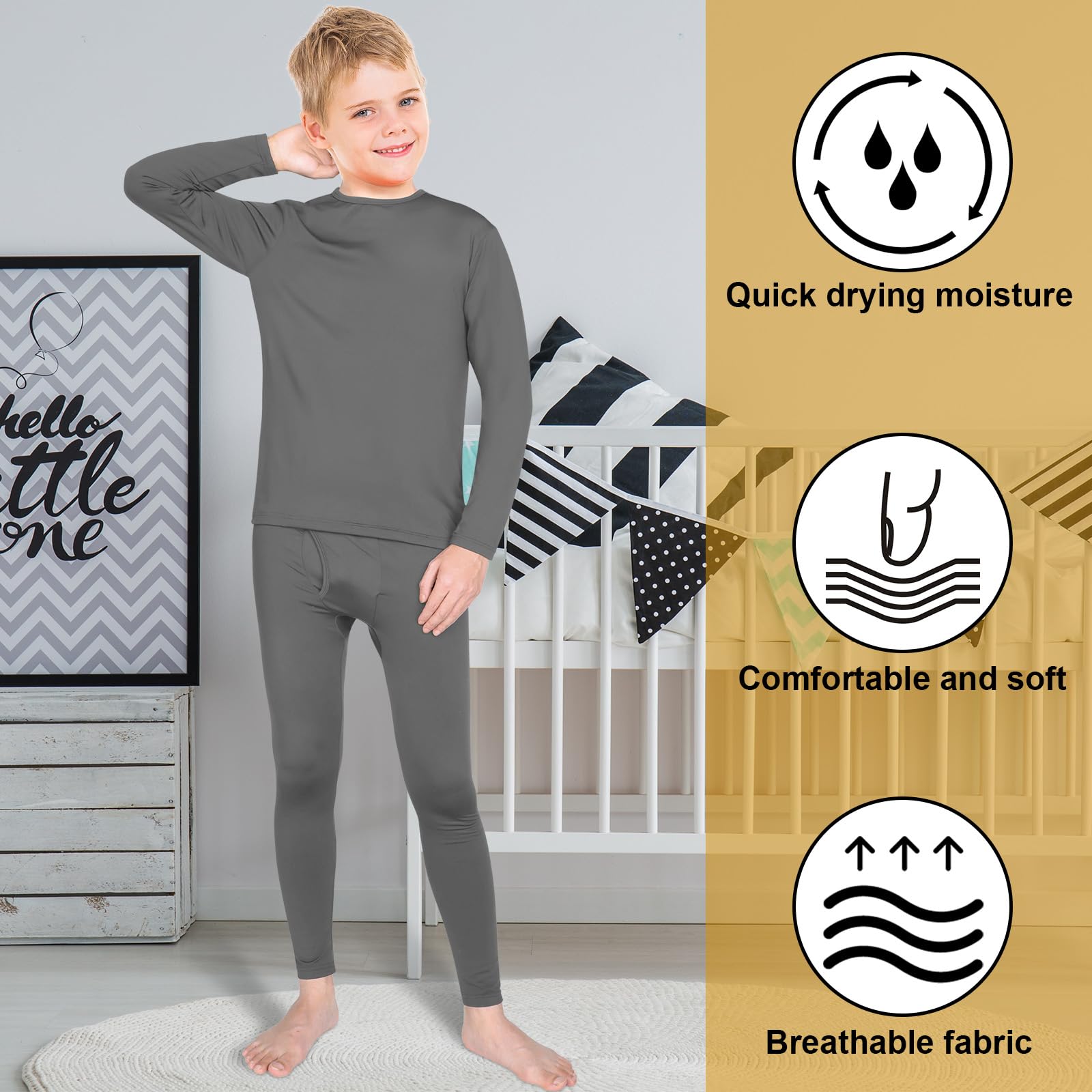 Silkfly 5 Set Boys Thermal Underwear Soft Fleece Lined Long Underwear Kids Base Layer Top Bottom Warm Set for Winter Skiing (Classic Black, Classic Gray, Medium)