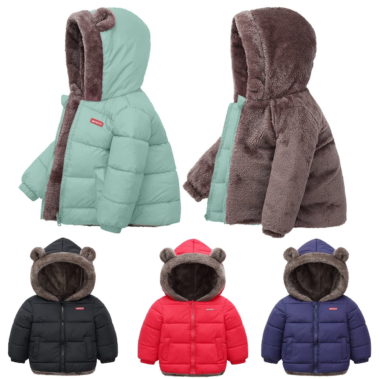 Toddler Boys Girls Winter Coat Bear Ears Hooded with Pocket Jacket Two Sided Wear Fleece Thicken Windproof Zipper Warm Outwears Soft Comfort Breathable Trips Vacation Hairy Overcoats