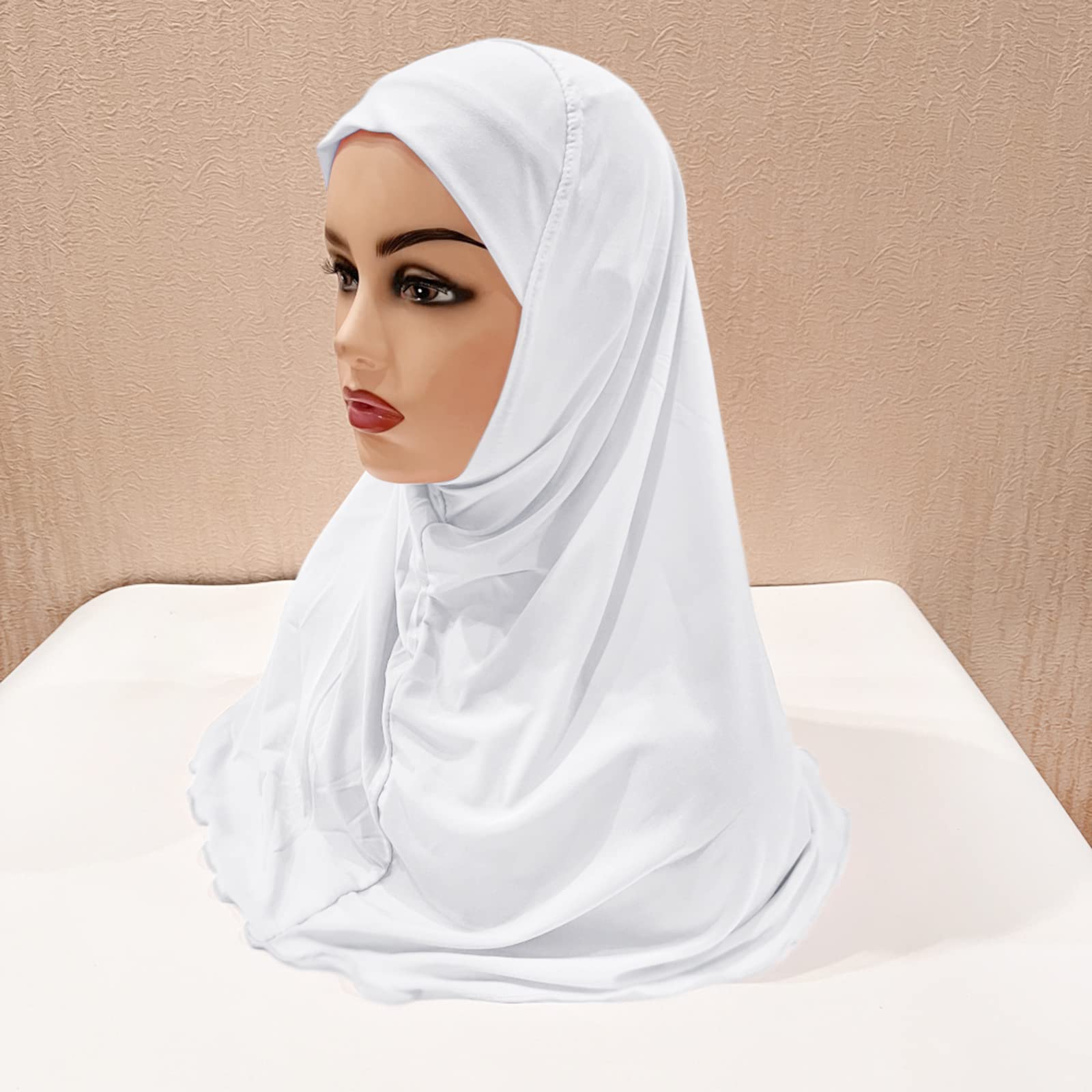 NICEYST Girls Instant Hijab Muslim Arab Scarf Shawls Neck Wrap Kids Islamic Solid Color Headscarf Turban for 7-12 Years Old (White)