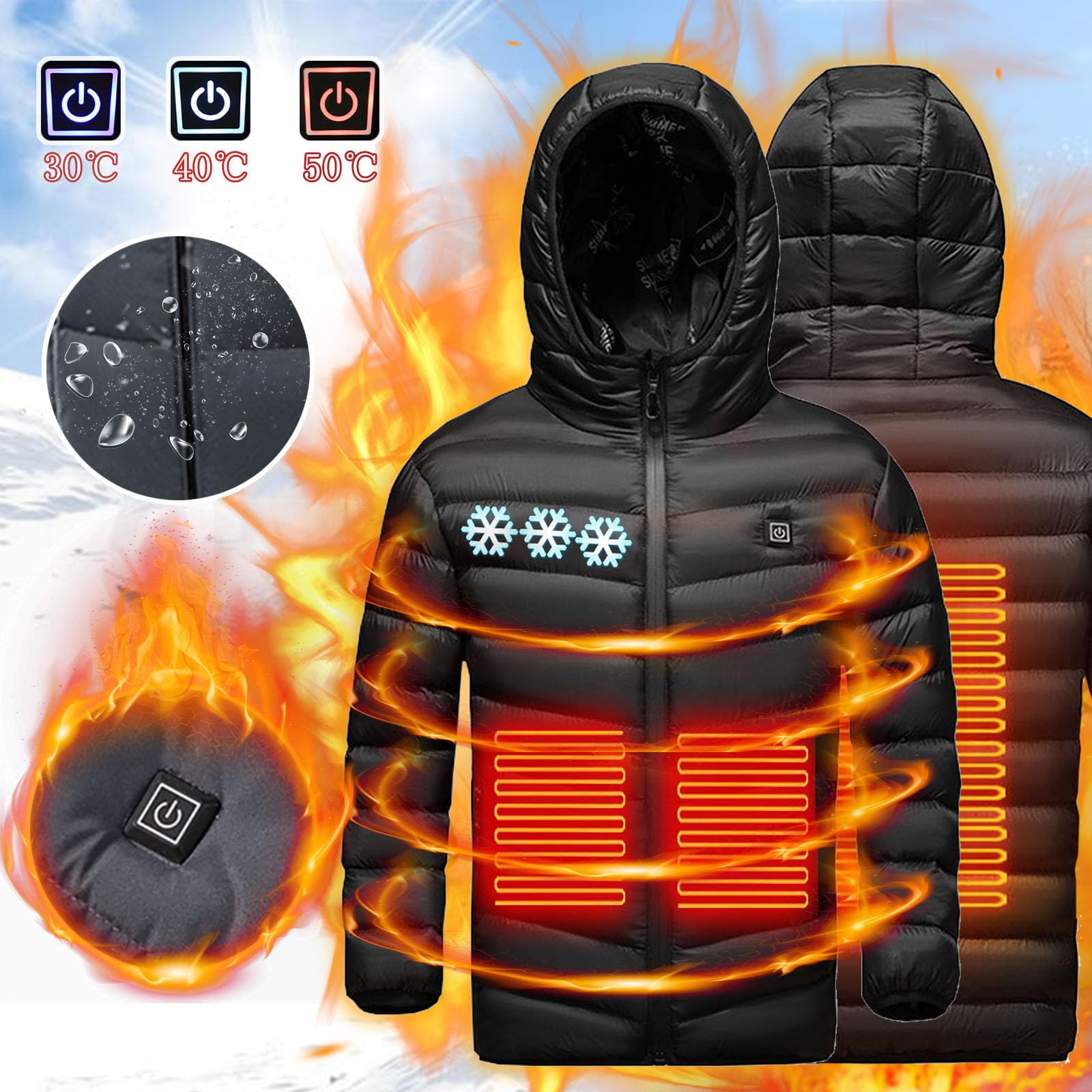 Boys Girls Winter Heated Jacket USB Electric Heating Hooded Coats for Kids 3 Adjustable Temperature Heated Jacket with Hood Snowflakes Printed Down Jacket Heated Clothing for Riding Skiing Fishing