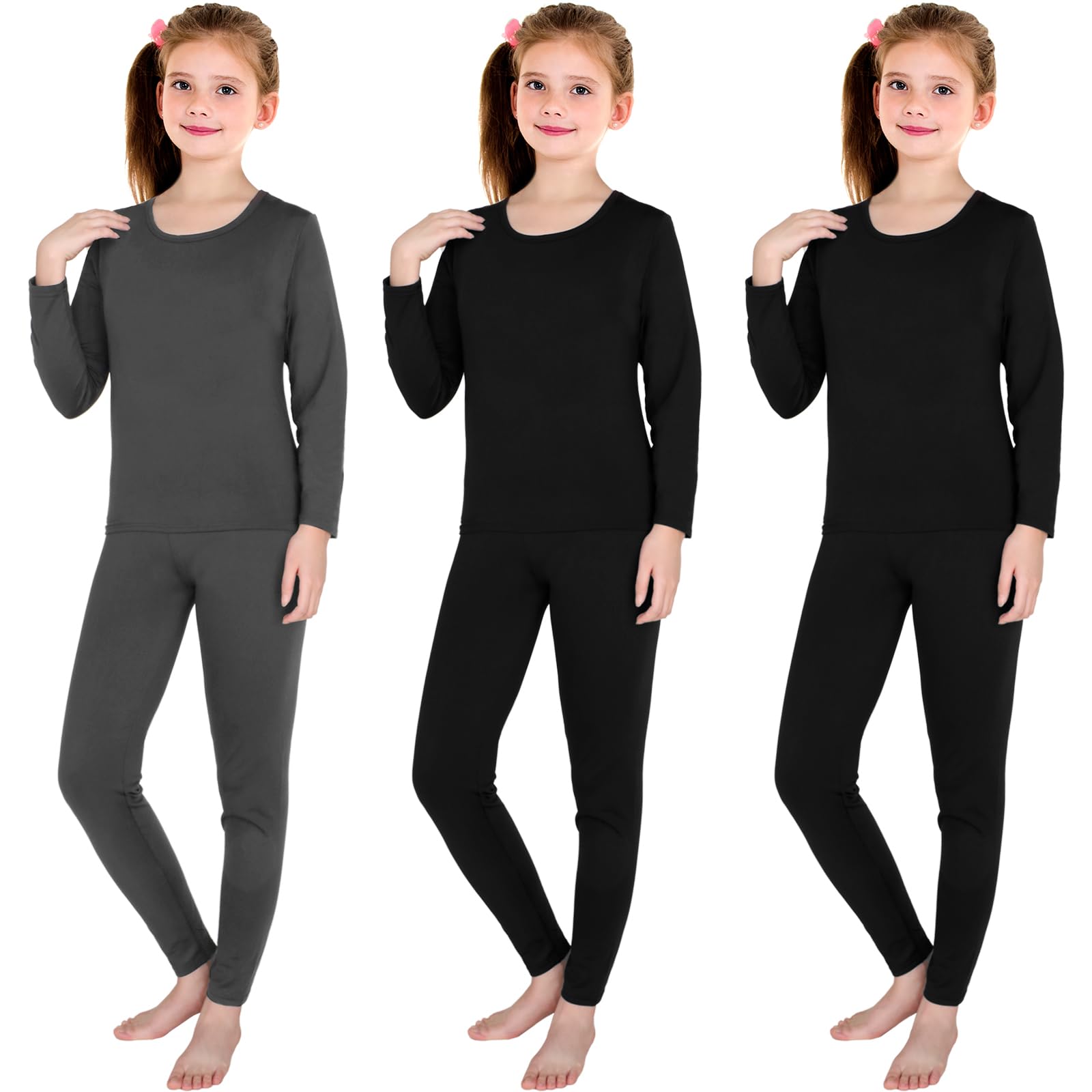 3 Set Girls Thermal Underwear Soft Long Underwear Winter Thermal Top and Bottom with Fleece Lined Base Layer for Girls (2 in Black, 1 in Grey, Medium)