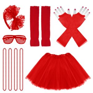 jiebor 80s Costume Accessories Outfits for Girls Kids Tutu Skirt Leg Warmers Fishnet Gloves Shutter Glass Headband Necklace Red