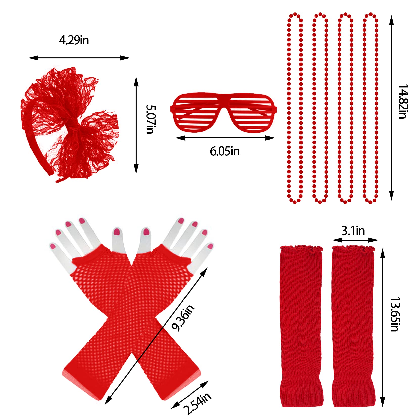 jiebor 80s Costume Accessories Outfits for Girls Kids Tutu Skirt Leg Warmers Fishnet Gloves Shutter Glass Headband Necklace Red