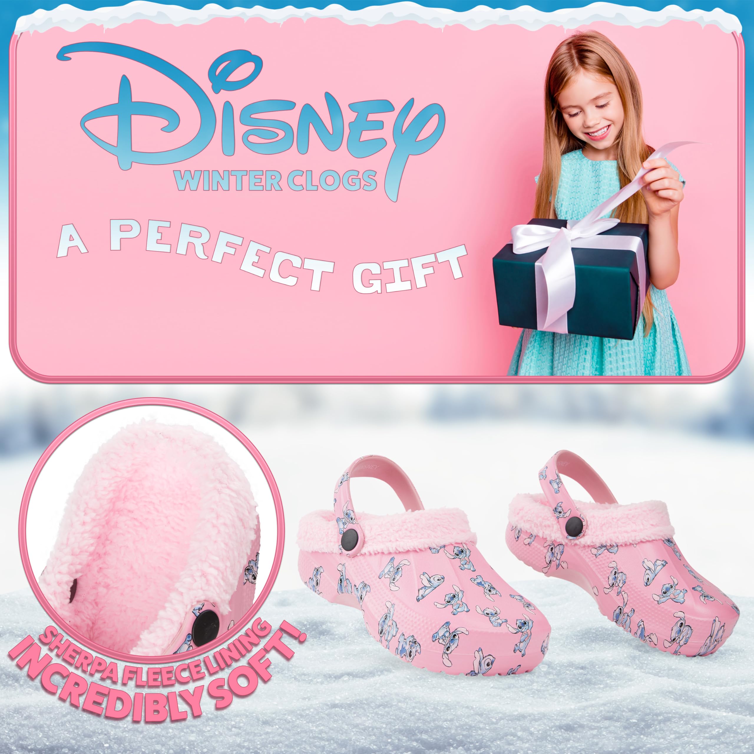 Disney Stitch Girls Clogs - Fleece Lined Clogs - Stitch Gifts (Pink Stitch, 1.5-2.5)