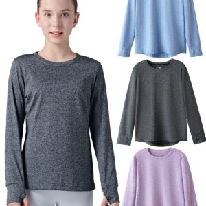 3 Pack: Youth Girls Long Sleeve Shirts Active Dry Fit Athletic Performance Clothes Kids Teens Sports Tees with Thumbholes (Set 1, Small)