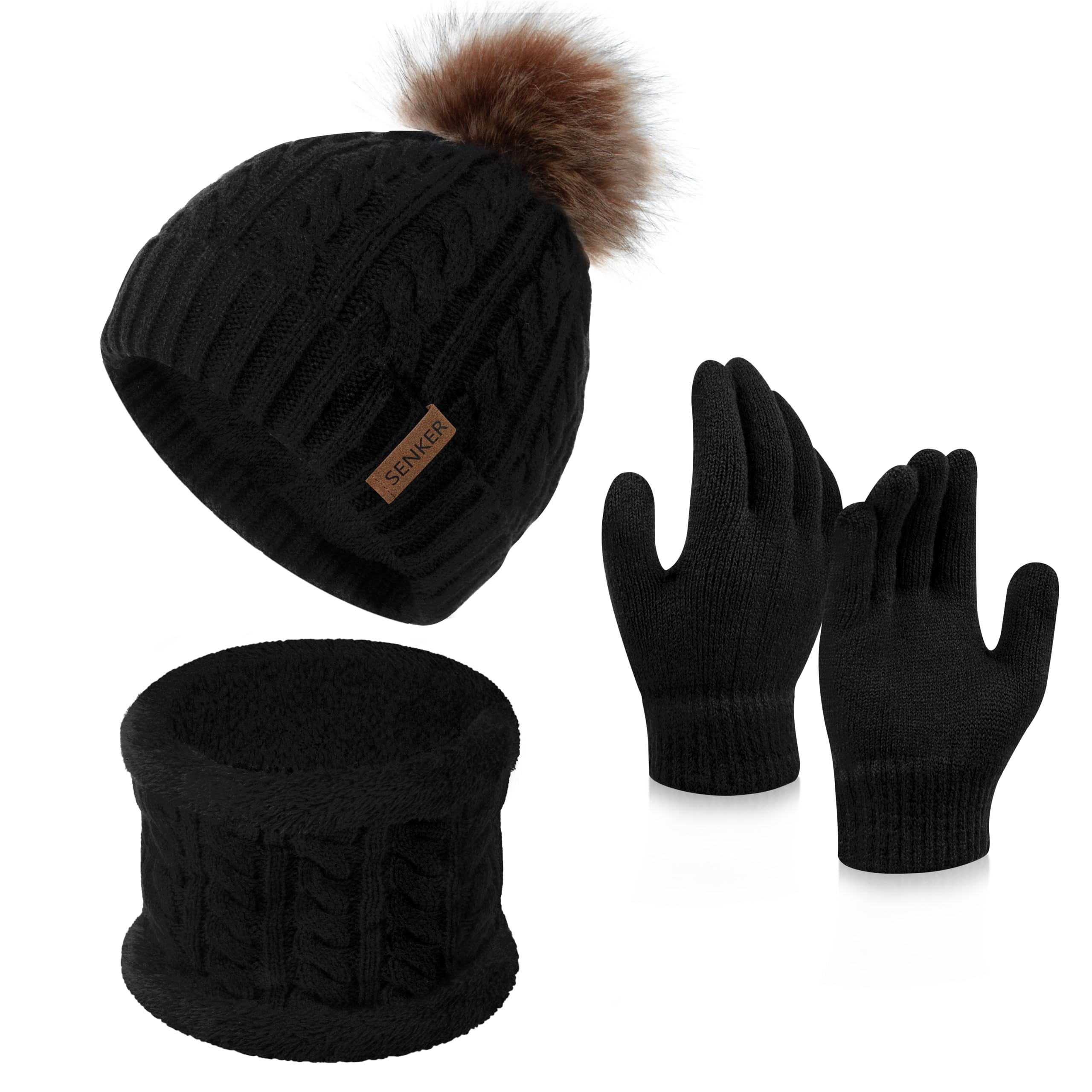 Kids Winter Beanie Hat Scarf Gloves Set Pompom Toddler Warm Knit Cap Mittens Fleece Lined Neck Warmer for Boys Girls,A-Black