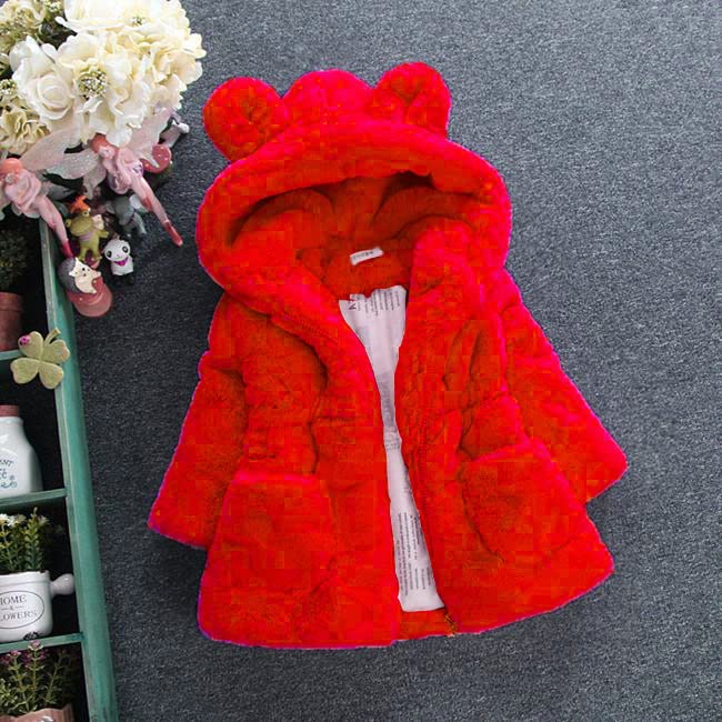 DDJFTU Kids Girls Autumn and Winter Warm Plush Coat Clothes Outwear Overcoat Ear Hooded Faux Fur Thicken Fleece Toddler