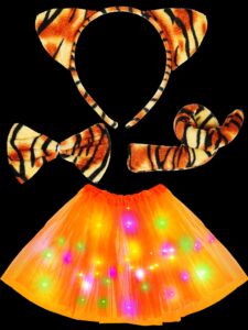 retisee 4 pcs tiger costume set includes tiger ears headband, tiger tail, led orange tutu skirt and bow tie for kids halloween cosplay glow in the dark animal fancy costume party