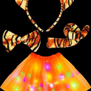 Retisee 4 Pcs Tiger Costume Set Includes Tiger Ears Headband, Tiger Tail, LED Orange Tutu Skirt and Bow Tie for Kids Halloween Cosplay Glow in the Dark Animal Fancy Costume Party