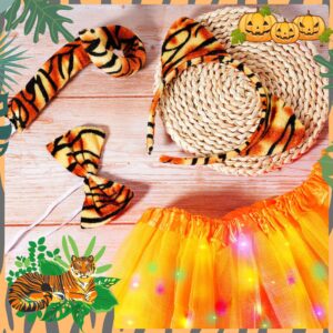 Retisee 4 Pcs Tiger Costume Set Includes Tiger Ears Headband, Tiger Tail, LED Orange Tutu Skirt and Bow Tie for Kids Halloween Cosplay Glow in the Dark Animal Fancy Costume Party