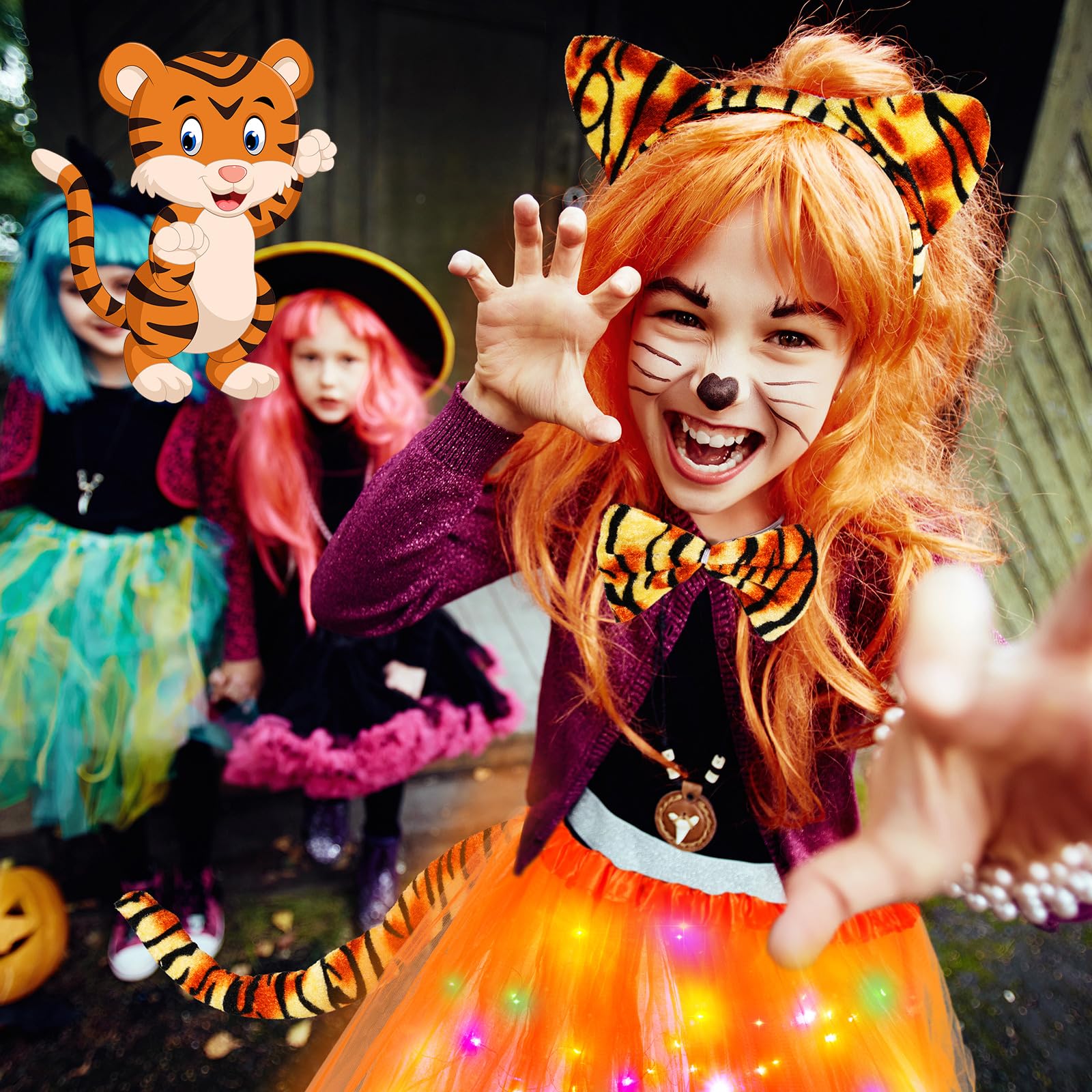 Retisee 4 Pcs Tiger Costume Set Includes Tiger Ears Headband, Tiger Tail, LED Orange Tutu Skirt and Bow Tie for Kids Halloween Cosplay Glow in the Dark Animal Fancy Costume Party