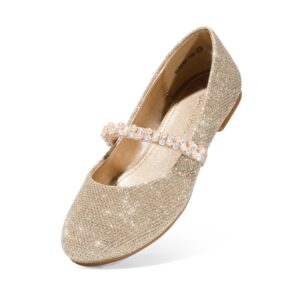 DREAM PAIRS Girls Dress Shoes - Mary Jane Casual Slip On Ballerina Flat, Gold/Glitter - 13 Little Kid (Serena-100-inf)