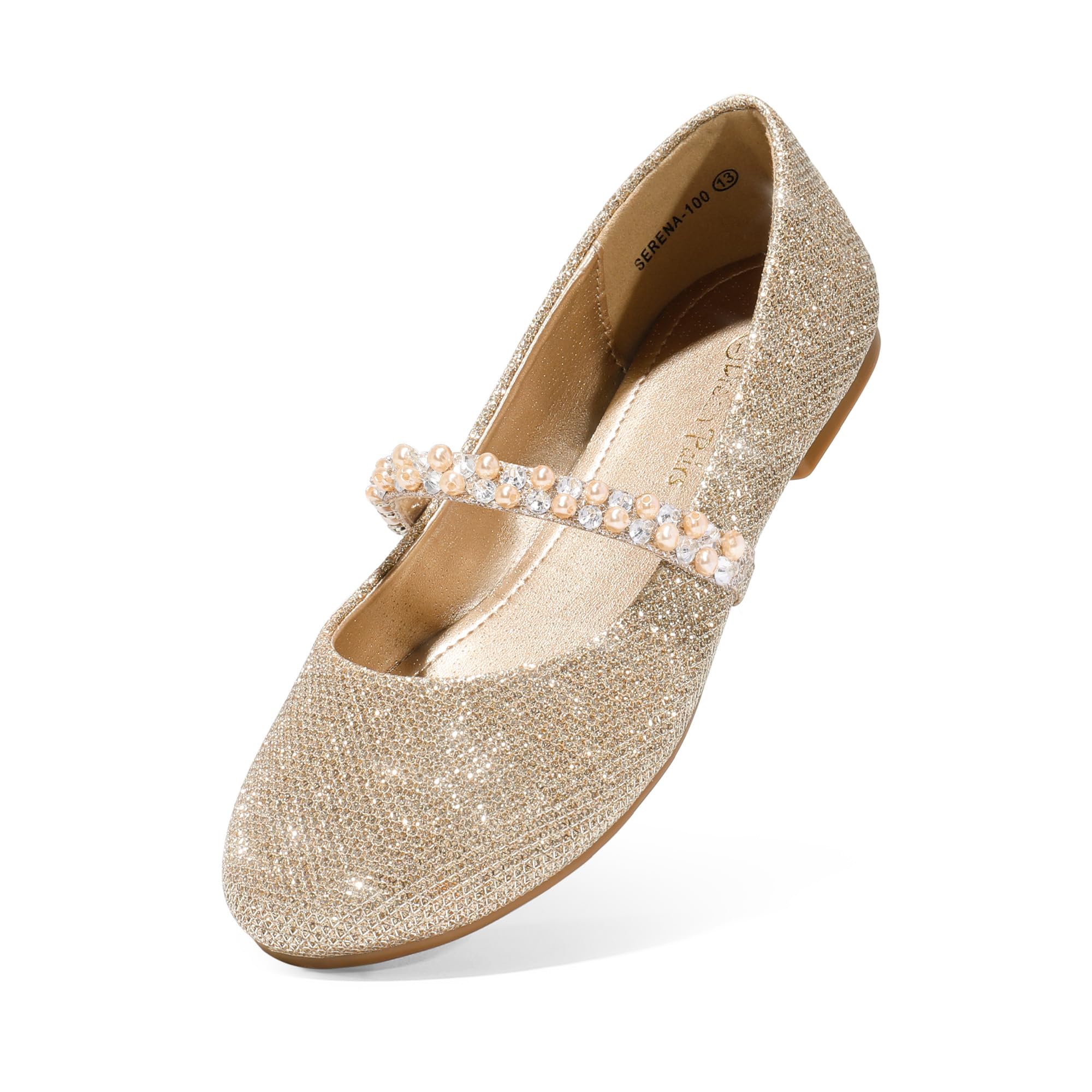 DREAM PAIRS Girls Dress Shoes - Mary Jane Casual Slip On Ballerina Flat, Gold/Glitter - 13 Little Kid (Serena-100-inf)