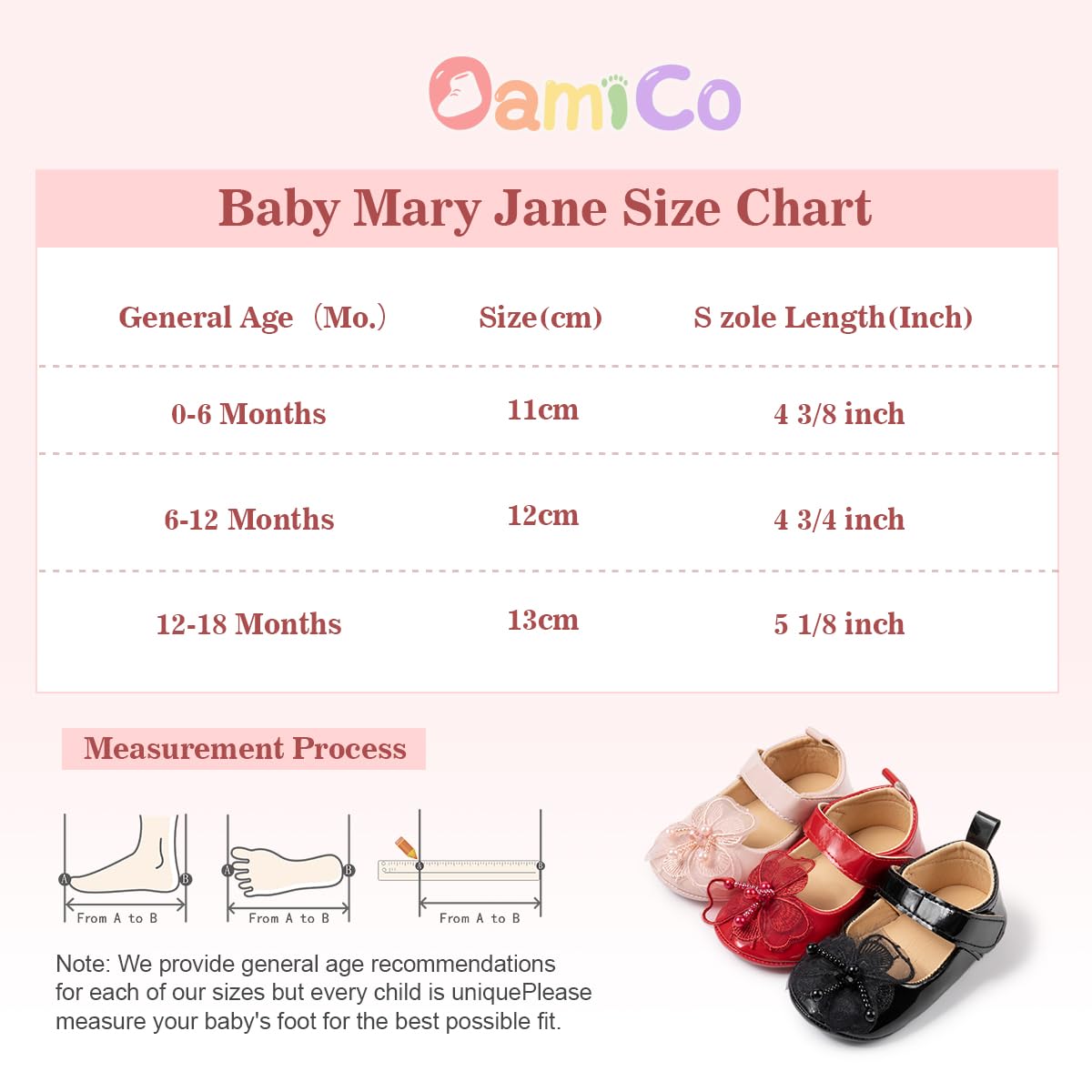 Oamico Infant Baby Girls Mary Jane Flats Non Slip Rubber Sole with Bownot Toddler First Walkers Princess Wedding Dress Shoes