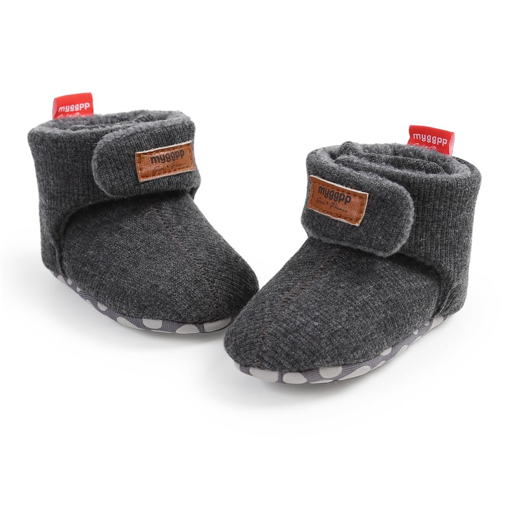 QWZban Baby Booties Infant Newborn Boys Girls Slippers Warm Crib Sock Shoes Indoor First Walkers Prewalker Dark Grey 6-12 Months