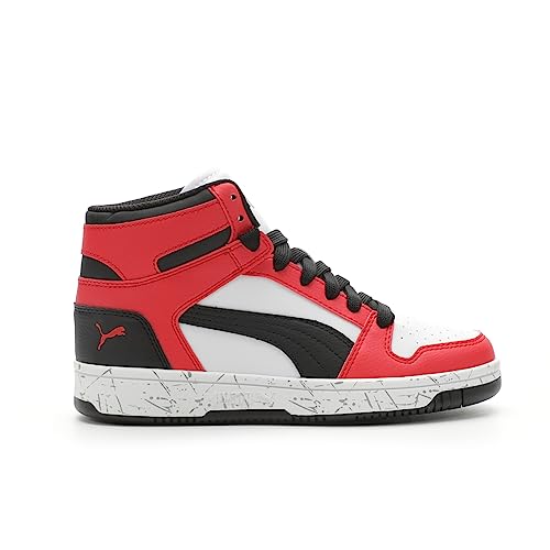 PUMA Rebound Layup Mid Sneaker, Scratch White Black-for All Time Red, 5 US Unisex Big Kid