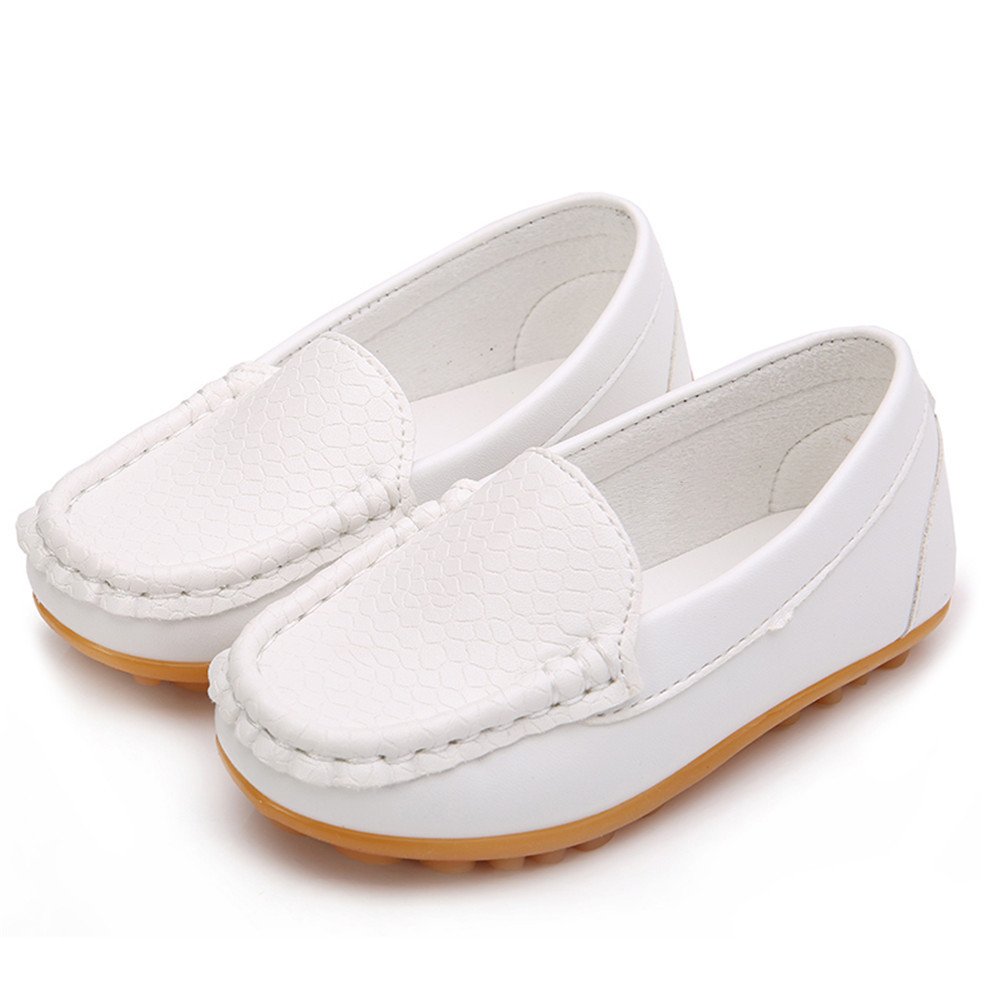 LONSOEN Toddler/Little Kid Boys Girls Soft Synthetic Leather Loafer Slip-On Boat-Dress Shoes/Sneakers,White,SHF103 CN30