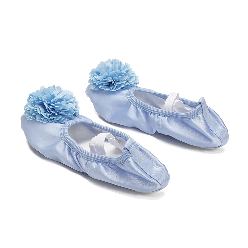 NEVKA Girls Ballet Shoes Satin Dance Practice Flower Flats Yoga Gymnastics Shoes (Blue, 5)