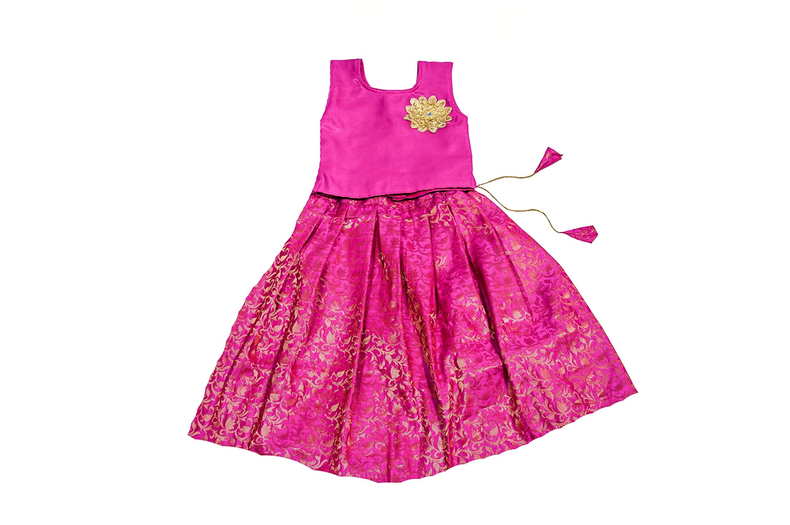 TRADITION INDIA Pink Dupion & Brocade Silk Lehenga Choli Set, Sleeveless Kids Lehenga Choli, Pattu Pavadai, Kids Ethnic Wear 0 to 6 Months