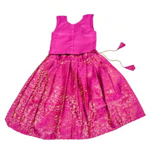 TRADITION INDIA Pink Dupion & Brocade Silk Lehenga Choli Set, Sleeveless Kids Lehenga Choli, Pattu Pavadai, Kids Ethnic Wear 0 to 6 Months