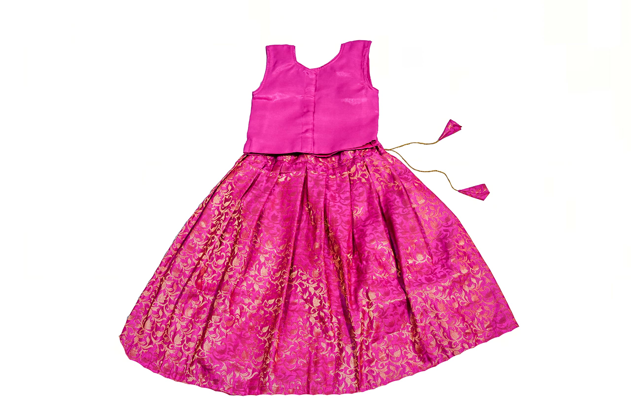 TRADITION INDIA Pink Dupion & Brocade Silk Lehenga Choli Set, Sleeveless Kids Lehenga Choli, Pattu Pavadai, Kids Ethnic Wear 0 to 6 Months