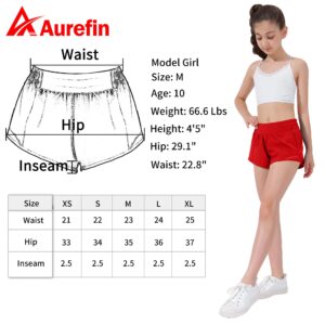 Aurefin Girls Athletic Shorts, Lightweight Running Shorts for Teen Girls Kids Sports Active Shorts with Zip Pocket and Elastic Red/XL