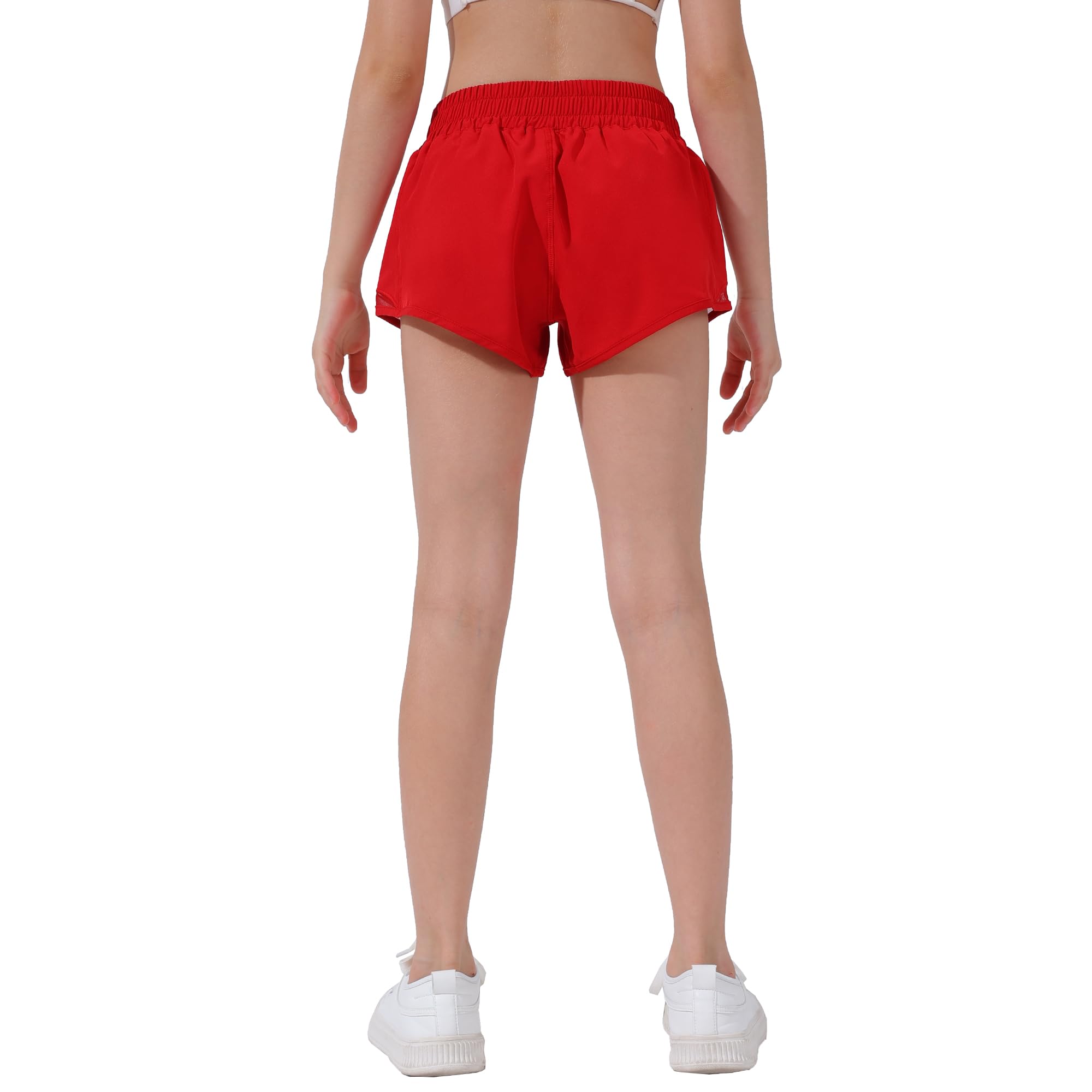 Aurefin Girls Athletic Shorts, Lightweight Running Shorts for Teen Girls Kids Sports Active Shorts with Zip Pocket and Elastic Red/XL