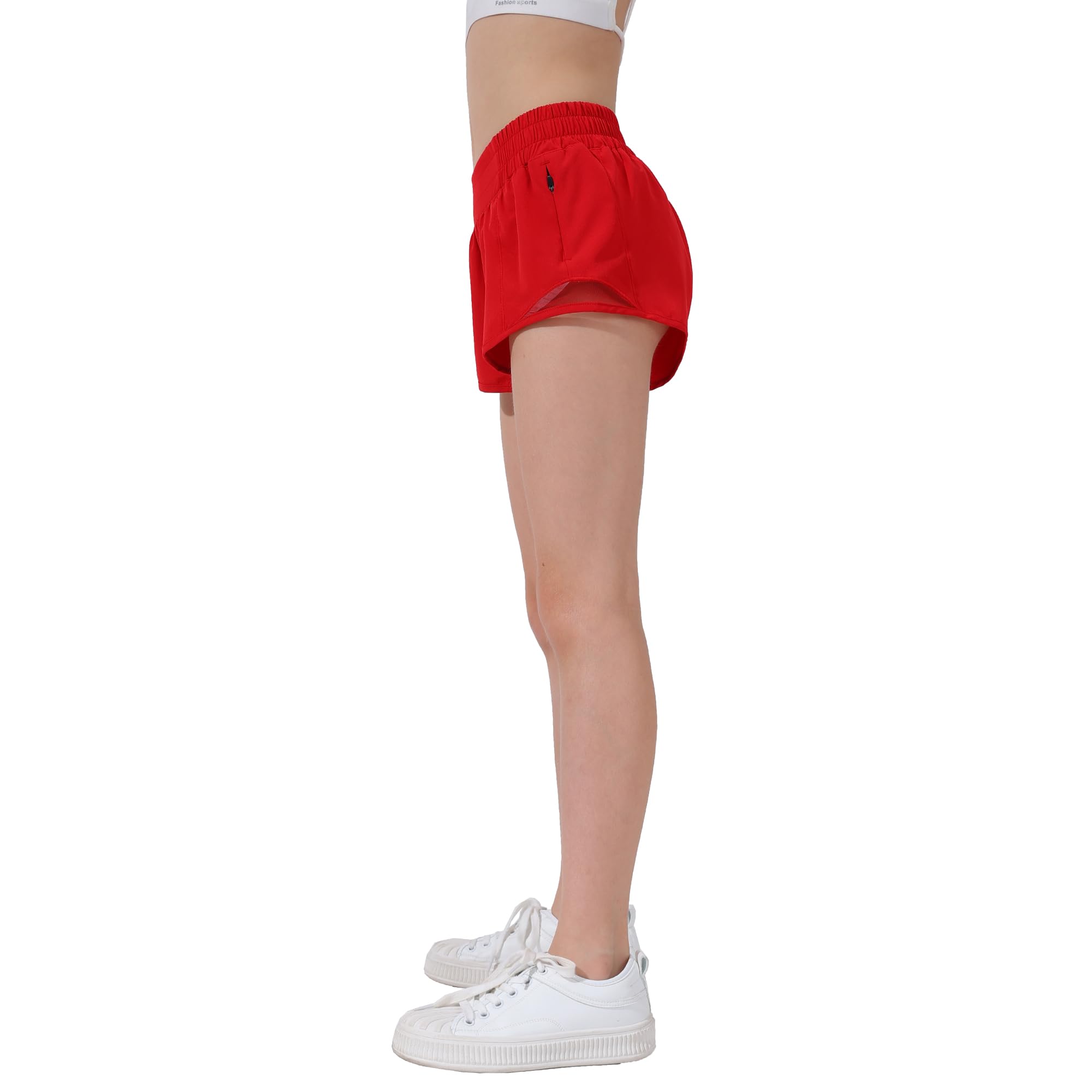 Aurefin Girls Athletic Shorts, Lightweight Running Shorts for Teen Girls Kids Sports Active Shorts with Zip Pocket and Elastic Red/XL