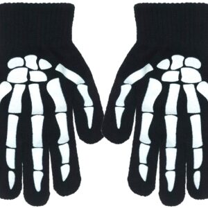 Polar Wear Skeleton Knit Beanie with Eye Holes & Glove Set for Halloween Costume (Black-White)