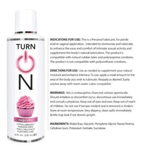 Turn On Cupcake Flavored Sex Lube 8 Ounce Premium Personal Lubricant - Long Lasting, Condom Safe, Vegan, Ph Balanced, Hypoallergenic & Paraben Free, Gel Lube for Men, Women, & Couples