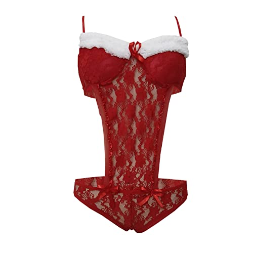 Womens Christmas Plush Lingerie Sexy Snap Crotch Bodysuit for Sex Naughty Play Cute Bowknit Corset Mesh See Through Babydoll Red