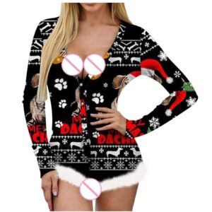 MEOILCE Women’s Christmas Bodysuit Lingerie for Sex Naughty Print Fuzzy Trim Teddy Babydoll Sexy Backless Exotic Pajamas(Black,M)