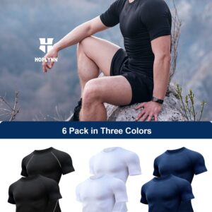 HOPLYNN 6 Pack Compression Shirts Men Short Sleeve Rash Guard Base Layer Athletic Undershirt Gear T-Shirt for Sports Workout 2 Black 2 White 2 Blue-L