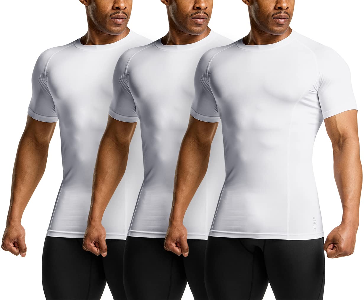 ATHLIO Men's Cool Dry Short Sleeve Compression Shirts, Sports Baselayer T-Shirts Tops, Athletic Workout Shirt, 3pack Tops White/White/White, Medium