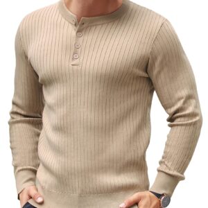 COOFANDY Men's Long Sleeve Knit Henley Shirts Casual Henley T-Shirts Lightweight Ribbed Sweater Khaki