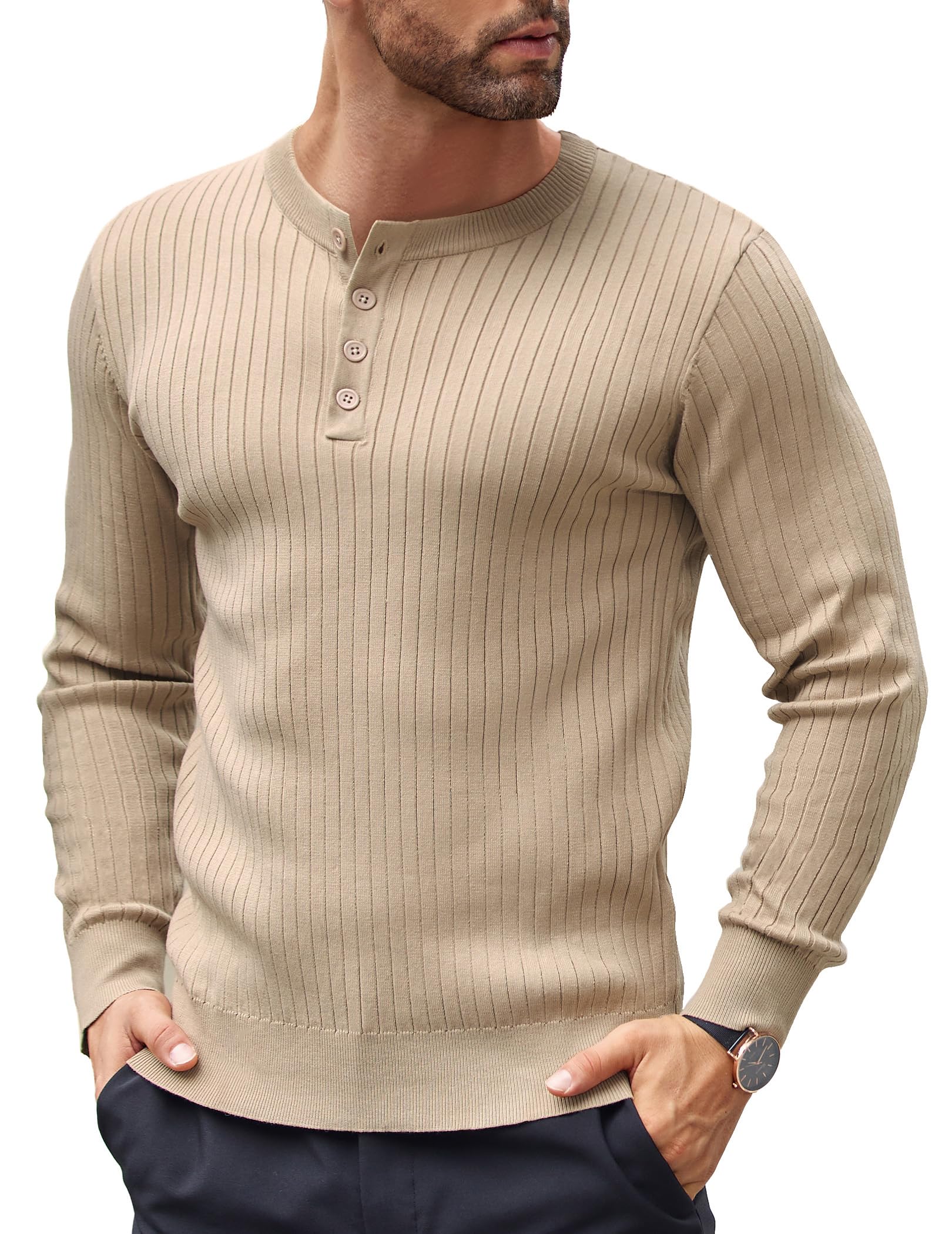 COOFANDY Men's Long Sleeve Knit Henley Shirts Casual Henley T-Shirts Lightweight Ribbed Sweater Khaki