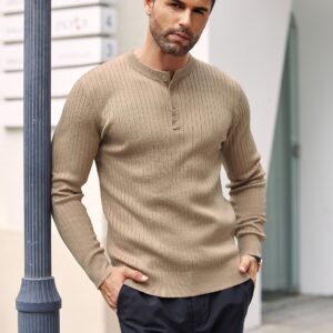 COOFANDY Men's Long Sleeve Knit Henley Shirts Casual Henley T-Shirts Lightweight Ribbed Sweater Khaki