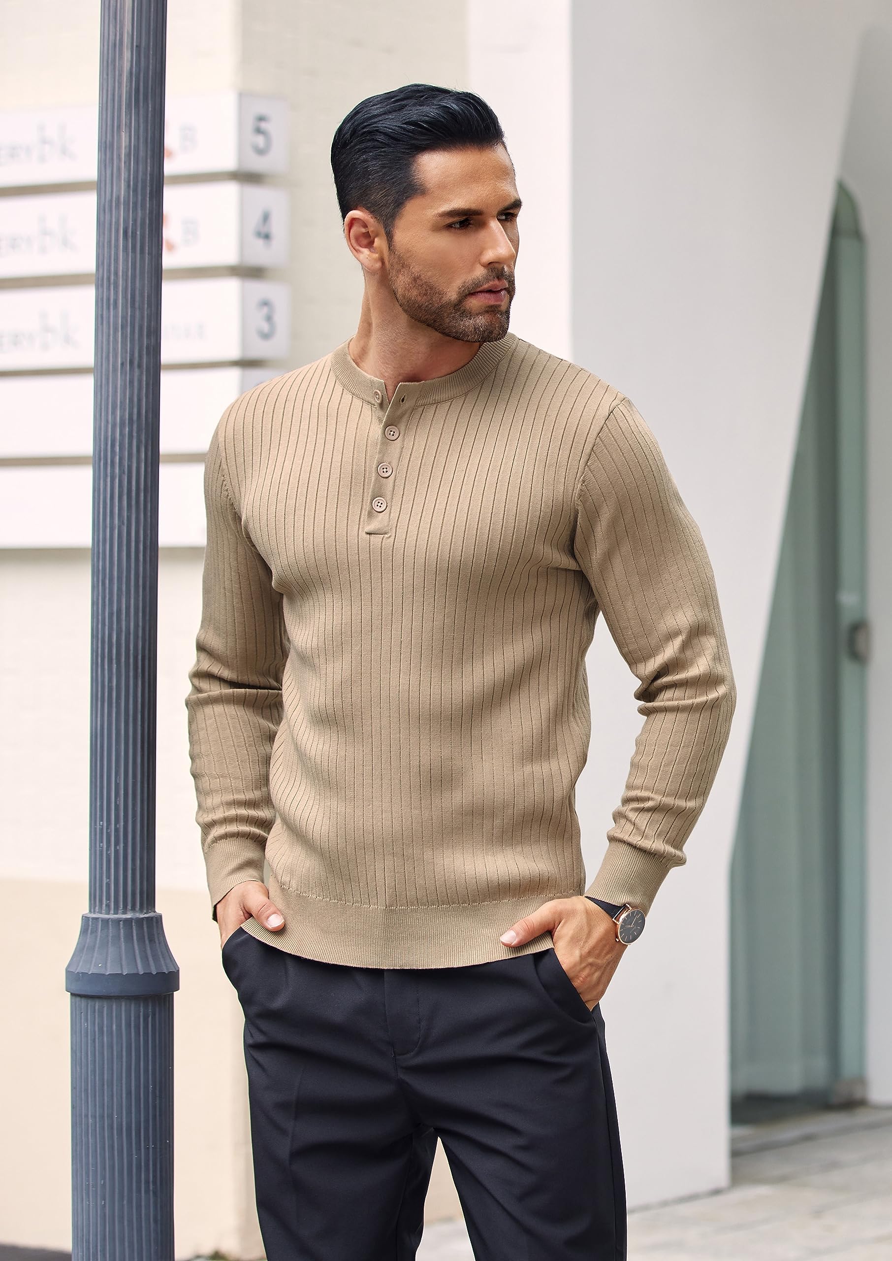 COOFANDY Men's Long Sleeve Knit Henley Shirts Casual Henley T-Shirts Lightweight Ribbed Sweater Khaki