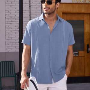 COOFANDY Men's Casual Cotton Beach Button Down Dress Shirt Summer Linen T-Shirt~ Grey Blue