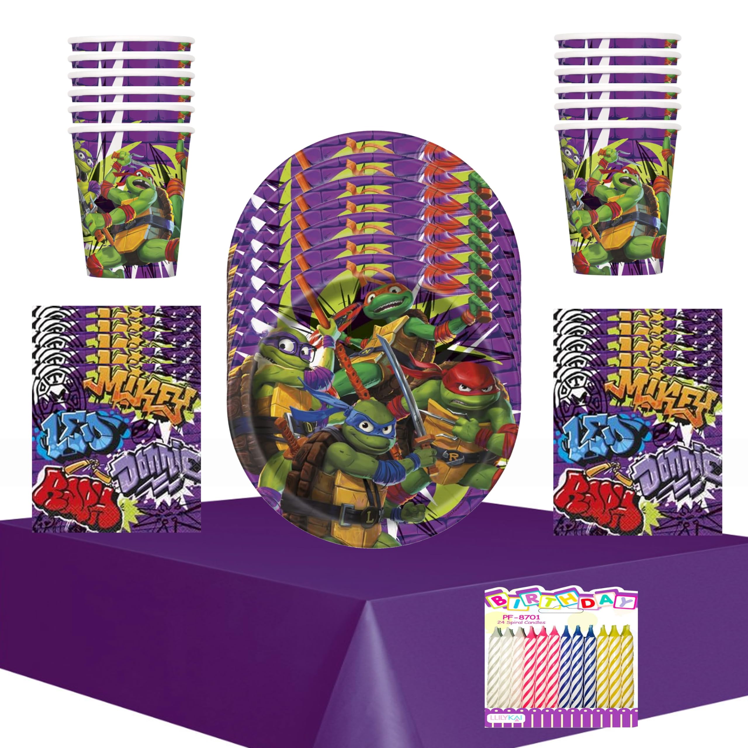 TMNT Mutant Mayhem Party Supplies Pack Serves 16 Guest: Teenage Mutant Ninja Turtles - 7" Dessert Plates Napkins Cups and Table Cover with Birthday Candles (Bundle for 16)