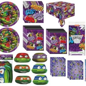 TMNT Teenage Mutant Ninja Turtles Birthday Party Supplies Bundle includes 16 Plates, 16 Napkins, 1 Table Cover, 16 Loot Bags, 16 Paper Masks, 8 Sticker Sheets, 1 Dinosaur Sticker Sheet