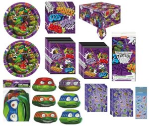 tmnt teenage mutant ninja turtles birthday party supplies bundle includes 16 plates, 16 napkins, 1 table cover, 16 loot bags, 16 paper masks, 8 sticker sheets, 1 dinosaur sticker sheet