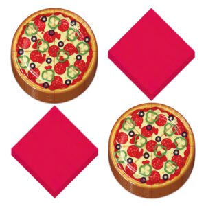 Pizza Party Round Paper Dessert Cake Plates and Beverage Napkins (Serves 16) - Pizza Party Celebration Theme Paper Tableware