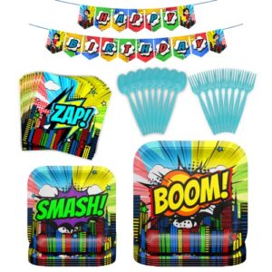 Comic Superhero Standard Party Supplies Pack (109 Pieces for 20 Guests) - Superhero Party Decoration, Plates and Napkin, Super Hero Brithday Party for Boys, Blue Orchards