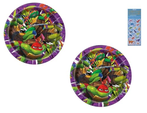 TMNT Teenage Mutant Ninja Turtles Birthday Party Supplies Bundle includes 16 Lunch Paper Plates 9" and 1 Dinosaur Sticker Sheet