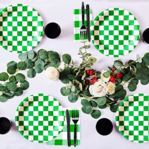 40 Pcs Green and White Checkered Green Race Car Party Supplies Checkered Flag Paper Plates 7"Green Checkered Paper Plates Green and White Plates for Racing Themed Race Car Birthday Party Decorations