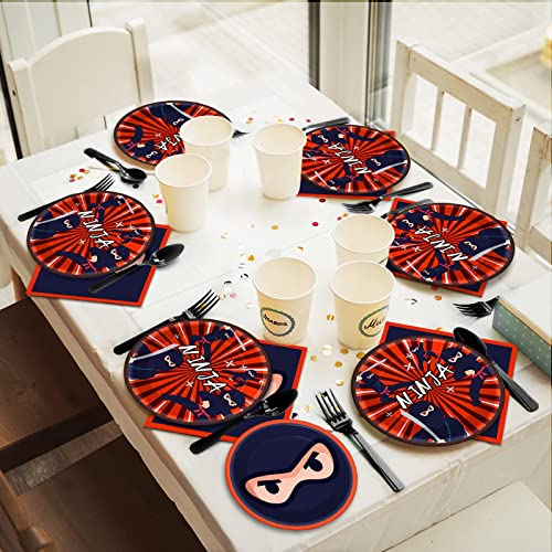 Tevxj 96PCS Ninja Tableware Set Ninja Master Dinnerware Disposable Dessert Plates Karate Theme Party Plates Napkins Forks for Ninja Warrior Birthday Party Decorations Supplies 24 guests