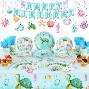 Libima 189 Pcs Sea Turtle Birthday Decorations Ocean Sea Party Tableware Turtle Plates Napkins with Sea Animal Cups Tablecloth Hanging Swirl for Under the Sea Baby Shower Turtle Pool Party Supplies