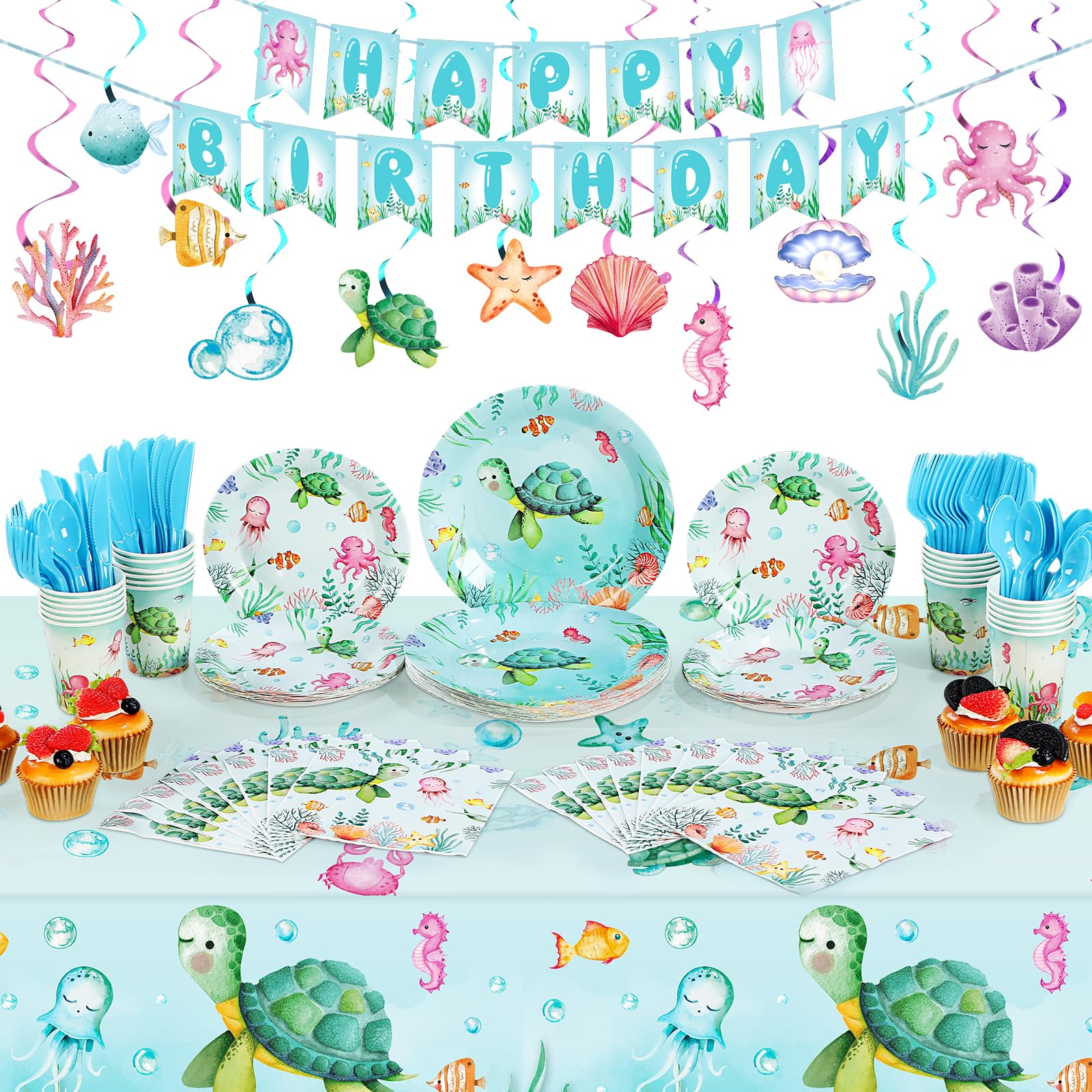 Libima 189 Pcs Sea Turtle Birthday Decorations Ocean Sea Party Tableware Turtle Plates Napkins with Sea Animal Cups Tablecloth Hanging Swirl for Under the Sea Baby Shower Turtle Pool Party Supplies